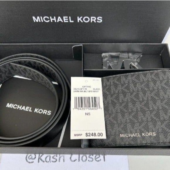 Michael Kors Mens Belt & Wallet Gift Set MK Signature Black - Picture 8 of 10